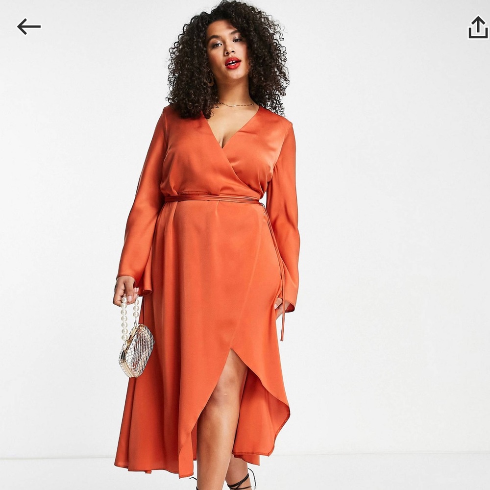ASOS Curve bias cut satin wrap dress with tie waist (Orange)